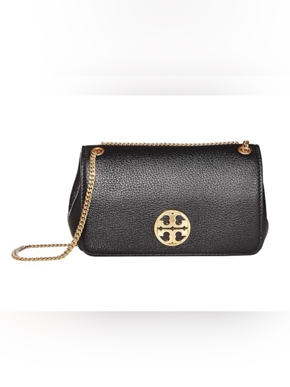 Tory Burch Black Chelsea Evening Bag Pebbled Leather with Gold Logo Chain